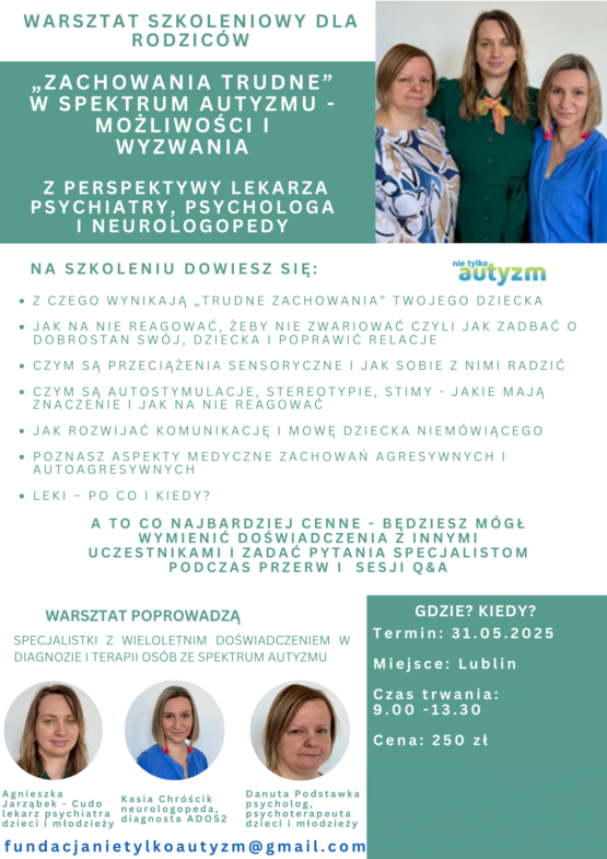 Zachowania „trudne” w spektrum autyzmu – możliwości i wyzwania 31.05.2025 Lublin